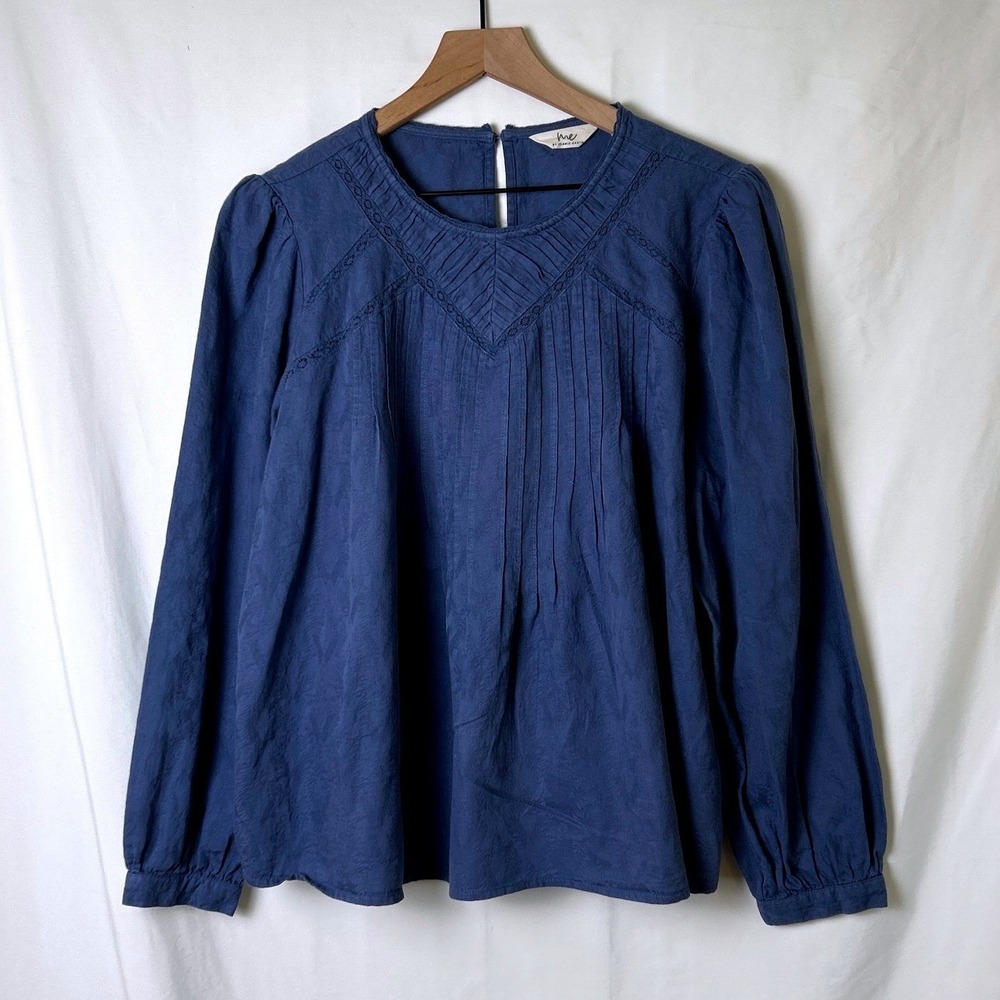 Me by Jennie Garth Womens Boho Pintuck Eyelet Lace Cotton Blouse Size L Blue